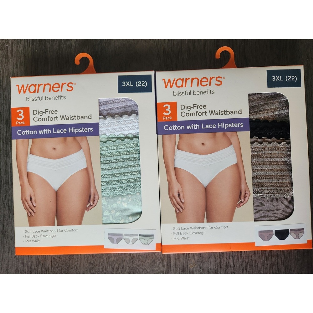 Warners Blissful Benefits Cotton Lace Hipsters 3XL 22 2-Pack Bundle 6 Pairs